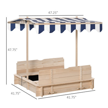 Covered Sandbox, Wooden，with Cover Adjustable Canopy, Detachable Seats and Backrests, Kids Sandbox with Convertible Bench Seat, Bottom Liner, Natural Blue