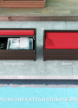 Outdoor Wicker Storage Bench with Storage & Cushion, Red