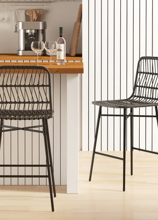 Rattan Counter Bar Stools Set of 2, 26" Counter Height Barstools with Back, Bar Chairs for Kitchen Island, Black