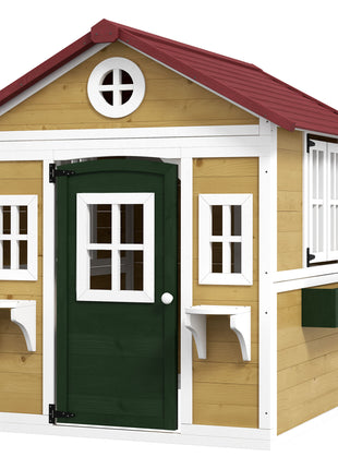 Wooden Playhouse for Kids Outdoor with Doors, Windows, Planter Pots and Boxes for Toddlers 3-8 Years, Beige