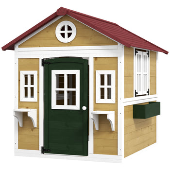 Wooden Playhouse for Kids Outdoor with Doors, Windows, Planter Pots and Boxes for Toddlers 3-8 Years, Beige