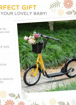 Youth Scooter, Kick Scooter with Adjustable Handlebars, Double Brakes, 16" Inflatable Rubber Tires, Basket, Cupholder, Orange
