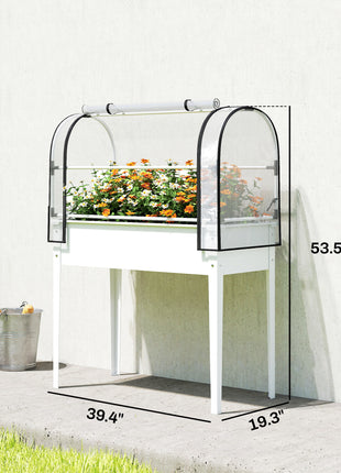 Raised Garden Bed with Flip-Up Greenhouse Cover, Metal Elevated Garden Bed with Legs and Drainage Hole, White