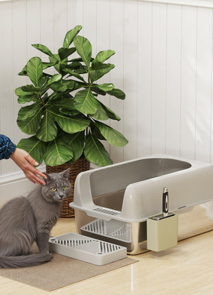 High Sided Stainless Steel Litter Box with Metal Scoop & Scoop Holder, for Easy Clean& Anti-Urine Leakage, Light Gray