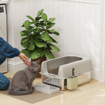 High Sided Stainless Steel Litter Box with Metal Scoop & Scoop Holder, for Easy Clean& Anti-Urine Leakage, Light Gray