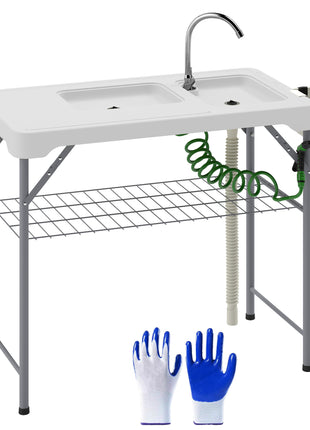 Folding Fish Cleaning Table with Sinks, Portable Camping Sink Table with Faucet, Drainage Hose, Sprayer, Shelf, Drawer and Storage Basket, Outdoor Fillet Table for Picnic Beach Patio, White