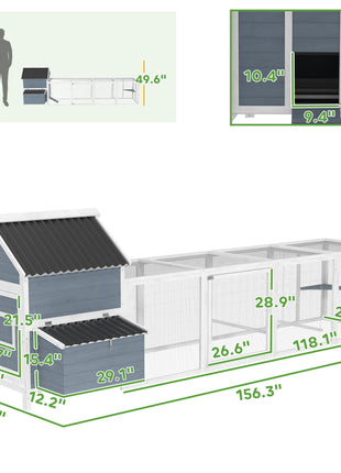 156" Extra Large Wooden Chicken Coop with 2 Nesting Box, Run Cage, Waterproof Wave Roof, for 10-15 Chickens, Light Gray
