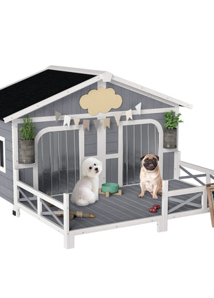 Dog House Outdoor, Wooden Dog Kennel Weatherproof with Porch, Openable Roof, Removable Bottom, Elevated Floor, Double Room for 2 Small to Medium Breeds, Gray