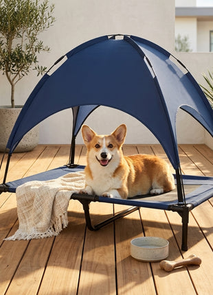 Elevated Portable Dog Cot Pet Bed with UV Protection Canopy Shade, 36 inch, Dark Blue