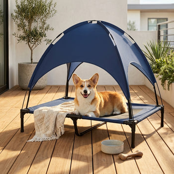 Elevated Portable Dog Cot Pet Bed with UV Protection Canopy Shade, 36 inch, Dark Blue