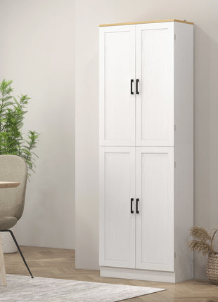 Freestanding Kitchen Pantry, 4-Door Kitchen Pantry Cabinet with Adjustable Shelves and Doors, Distressed White