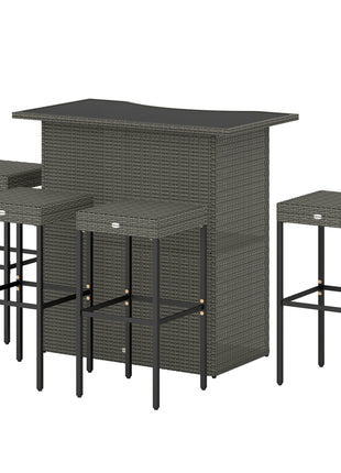5 Piece Rattan Wicker Bar Set, High Top Outdoor Table and Chairs, Bar Height Patio Set, 2 Shelves & 4 Bar Stools, Gray