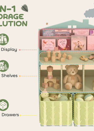Kids Bookshelf with Storage, Toy Storage Unit with Book Display, Shelves and Fabric Drawers for Playroom Nursery, Green