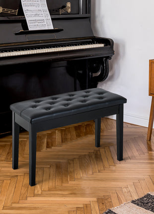Piano Bench, Duet Piano Chair with Faux Leather Padded Cushion and Wooden Frame, Button Tufted Keyboard Bench, Black