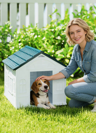 Plastic Dog House for Medium and Small Dogs, Water Resistant Puppy Shelter Indoor Outdoor with Door, Easy to Assemble, Blue