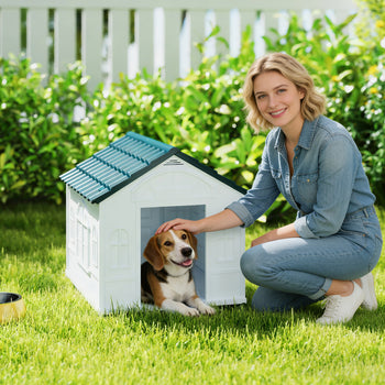 Plastic Dog House for Medium and Small Dogs, Water Resistant Puppy Shelter Indoor Outdoor with Door, Easy to Assemble, Blue