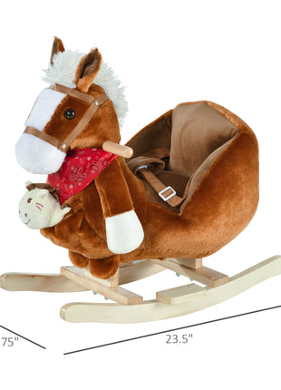 Kids Ride-On Rocking Horse Toy, Rocker with Lullaby Song, Hand Puppets & Soft Plush Fabric for Children 18-36 Months, Brown