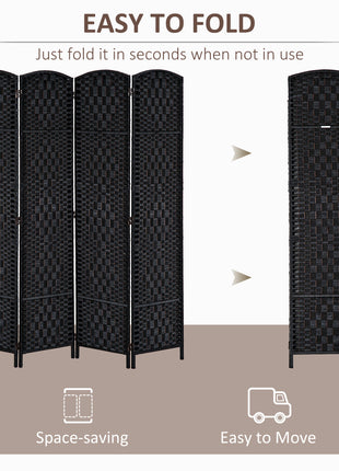 Room Divider 4 Panel, 6FT Tall Folding Privacy Screen, Freestanding Hand-Woven Partition for Room Separation with 360° Hinges, Paper Rope Diamond Weave, Black