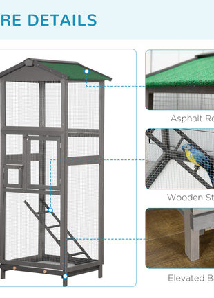 65" Wooden Bird Cage Outdoor Aviary House for Parrot, Parakeet, with Pull Out Tray and 2 Doors, Grey