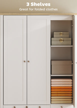 3 Doors Wardrobe Closet with 2 Drawers, Bedroom Armoire with Lockable Drawer, Hanging Rod and Storage Shelves, White
