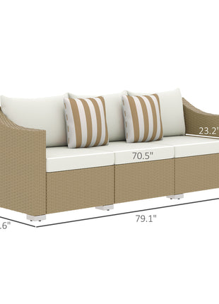 Rattan Wicker 3 Seater Patio Couch with Cushions, 2 Throw Pillows, Outdoor Furniture Rattan Sofa, Cream White
