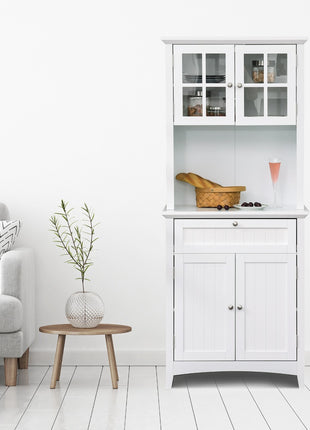 Kitchen Buffet Hutch Cabinet, Freestanding Kitchen Pantry Storage Cabinet Cupboard with Framed Glass Door, Drawer and Microwave Space, White