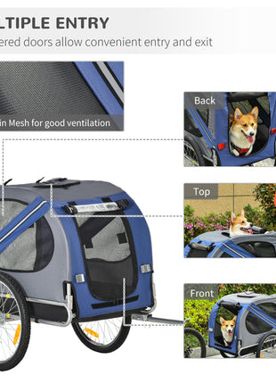 Bike Trailer Cargo Cart for Dogs and Pets with 3 Entrances Large Wheels for Off-Road & Mesh Screen, Blue/Gray