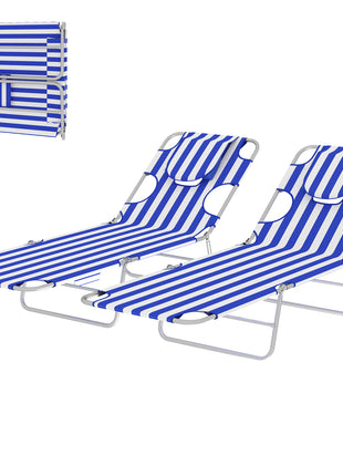 2 Tanning Chairs with Face Hole, 5-Level Adjustable Outdoor Chaise Lounge Chair with Pillow for Beach, Pool, Blue Stripe