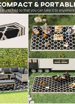 Reversible Outdoor Rug, 9' x 18' Waterproof Plastic Straw Floor Mat, Portable RV Camping Carpet, Large Floor Mat for Deck, Backyard, Picnic, Beach, Black & Beige