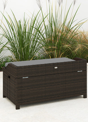 Outdoor Wicker Storage Bench with Storage & Cushion, Gray