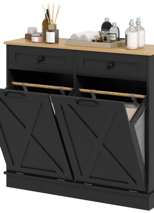 Tilt Out Laundry Hamper Cabinet, Bathroom Storage Cabinet with 2 Removable Baskets and 2 Drawers, Black