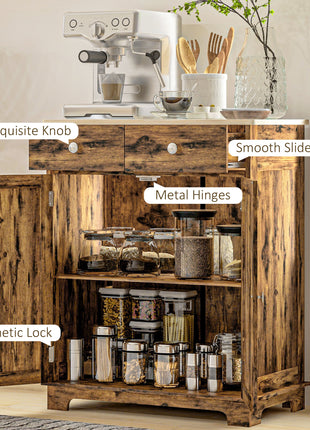 Kitchen Storage Cabinet, Sideboard Floor Cupboard with Solid Wood Top, Adjustable Shelf, and 2 Drawers, Brown