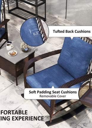 3 Piece Wicker Patio Furniture Set, Outdoor PE Rattan Rocking Chairs with Coffee Table, Cushions for Porch, Brown