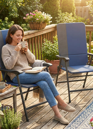Folding Patio Chairs Set of 2, Padded High Back Lawn Camping Chairs with Armrests, 600D Oxford Fabric, Dark Blue