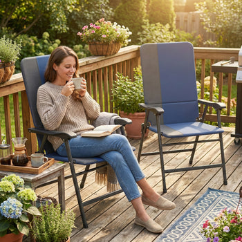 Folding Patio Chairs Set of 2, Padded High Back Lawn Camping Chairs with Armrests, 600D Oxford Fabric, Dark Blue