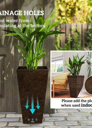 Set of 3 Tall Planters, 28" Outdoor Planter w/ Drainage Holes, Faux Wood Plastic Flower Pots, Brown