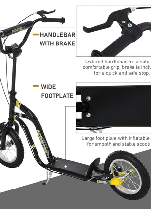 Youth Scooter Front and Rear Caliper Dual Brakes 12-Inch Inflatable Front Wheel Ride On Toy For Age 5+ - Black