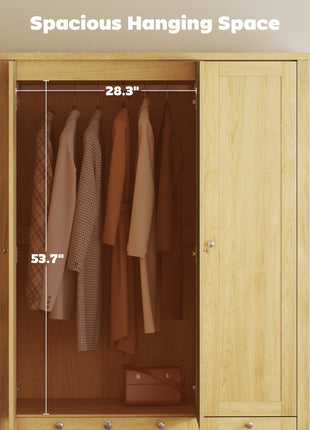 3 Doors Wardrobe Closet with 2 Drawers, Bedroom Armoire with Lockable Drawer, Hanging Rod and Storage Shelves, Natural