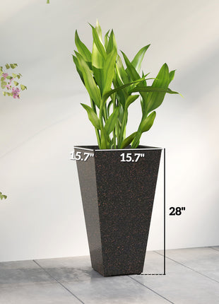 28" Tall Planters, Set of 3 Plastic Flower Pots with Marble Finish and Drainage Holes, Stackable Taper Planters, Brown