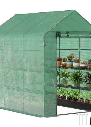 7' x 5' x 6' Walk-in Greenhouse for Outdoors with Mesh Door, 18 Shelf Hot House with Trellis, Plant Labels, UV Protective, Steel Frame for Growing Flowers, Herbs, Vegetables, Saplings, Green