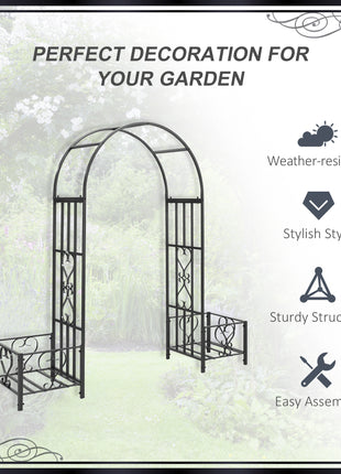 6.7' Steel Garden Arch Arbor with Scrollwork Hearts, Planter Boxes for Climbing Vines, Ceremony, Weddings, Party, Backyard, Lawn, Dark Gray