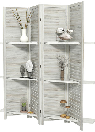 4 Panel 67" Tall Wood Privacy Screen Room Divider with 3 Shelves and Folding Storage for Bedroom, Distressed White