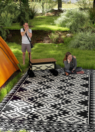 Reversible Outdoor Rug, Waterproof Plastic Straw with Carry Bag, 9' x 18', Black & White Rhombus Border
