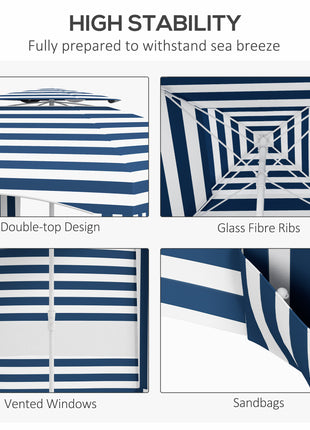 5.8' x 5.8' Cabana Umbrella for Travel, Walls, Vents, Ruffles, Carry Bag, Beach Umbrella, Blue & White Stripe