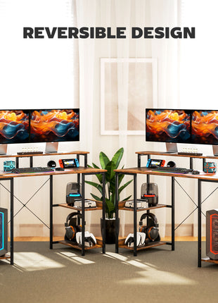 Computer Desk with Storage, 47" Reversible Computer Table with Power Outlets and LED Lights, Rustic Brown
