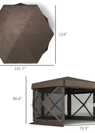 12' x 12' Hexagonal Pop Up Gazebo Canopy Tent with 5 Sidewalls, Outdoor Canopy Shelter with Carry Bag, Brown
