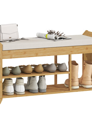 Shoe Bench with Cushioned Seat Shoe Storage Bench with Side Umbrella Holder for Entryway Natural and Cream
