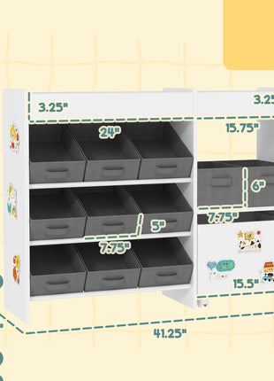 Kids Toy Storage Organizer with 11 Bins, Moveable Cabinet, Top Shelves, 3 Stickers, for Nursery, Playroom, White