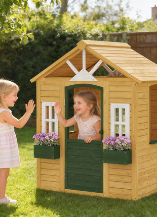 Outdoor Playhouse, Wooden Kids Playhouse with Door, 3 Windows, 2 Flower Boxes for Garden, Indoor Playroom, Ages 3–8