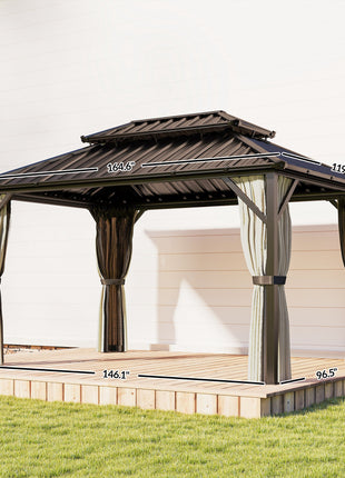 10' x 14' Hardtop Gazebo with Double Galvanized Steel Roof Canopy, Aluminum Frame Permanent Gazebo, Brown
